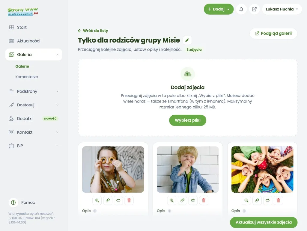 Panel administracyjny z widocznym menu bocznym — galeria zdjęć