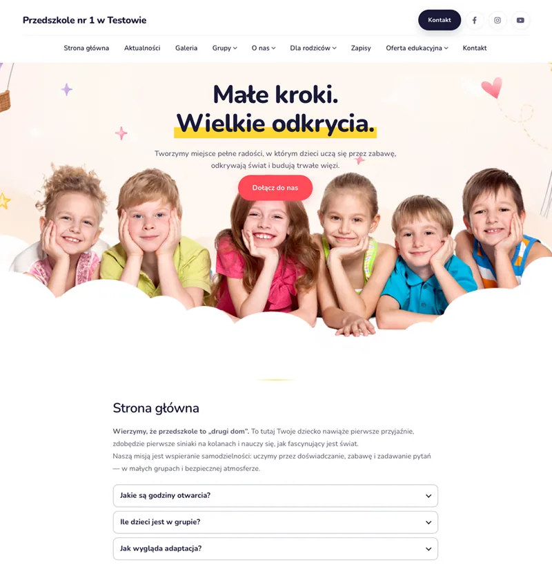 Podgląd przykładowej strony przedszkola w szablonie Radosny